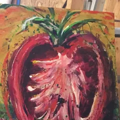 Detail of a tomato painting by Kevin Landon