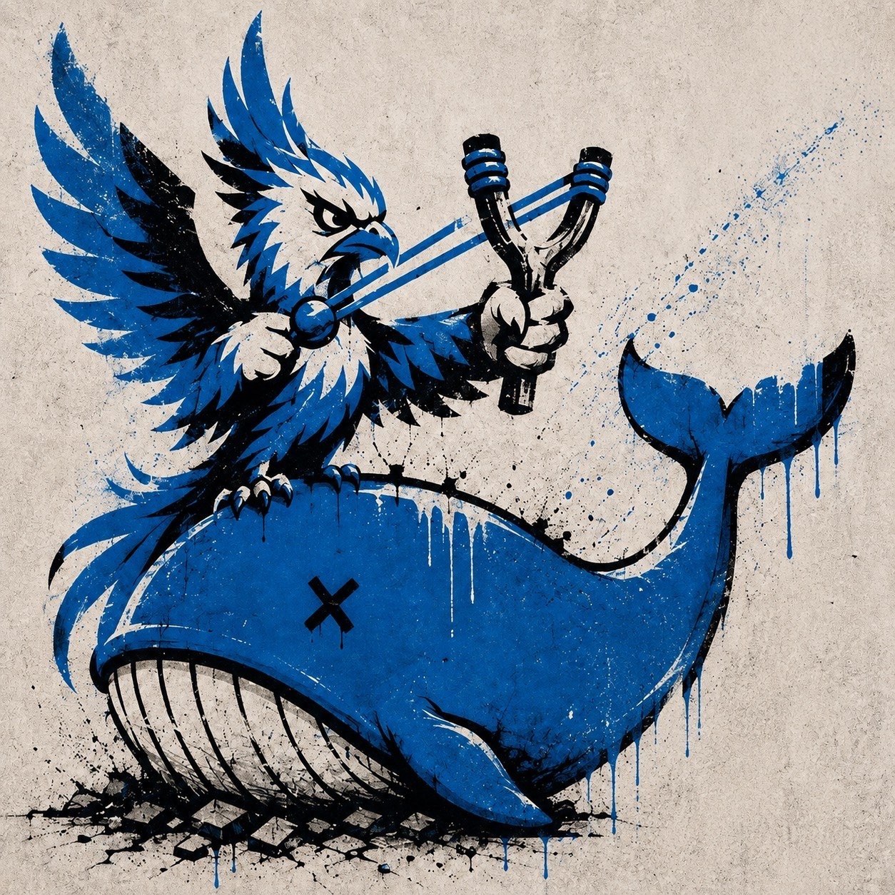 A bluebird riding a blue whale, slingshot drawn